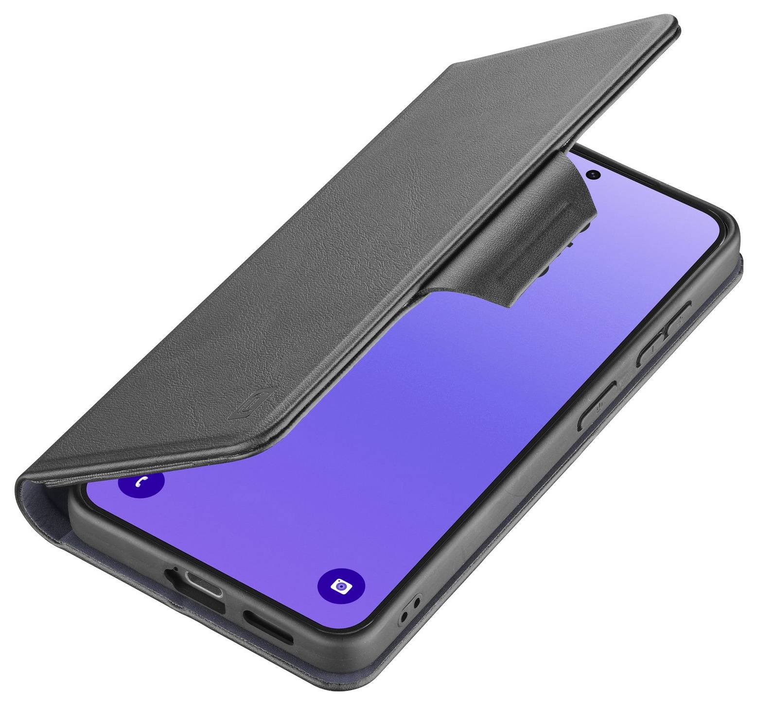 Schwarze Folio-Handyhülle, die ein Smartphone mit eingeschaltetem Bildschirm teilweise abdeckt