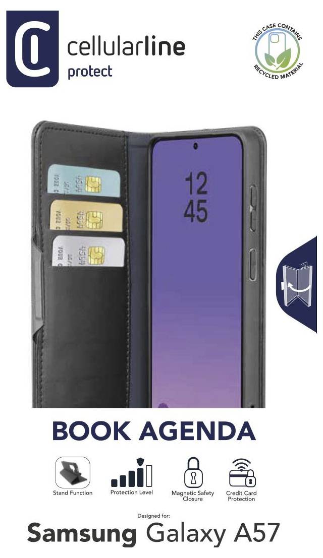 Cellularline Protect 'Book Agenda' Geldbörsen-Handyhülle für Samsung Galaxy A57, aufgeklappt mit Kartensteckplätzen und Schutzfunktions-Symbolen.