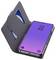 Offene schwarze Foliohandyhülle mit einem Smartphone mit violettem Farbverlauf-Sperrbildschirm und Uhrzeit 12:45, mit Kartensteckplätzen im Inneren der Abdeckung.