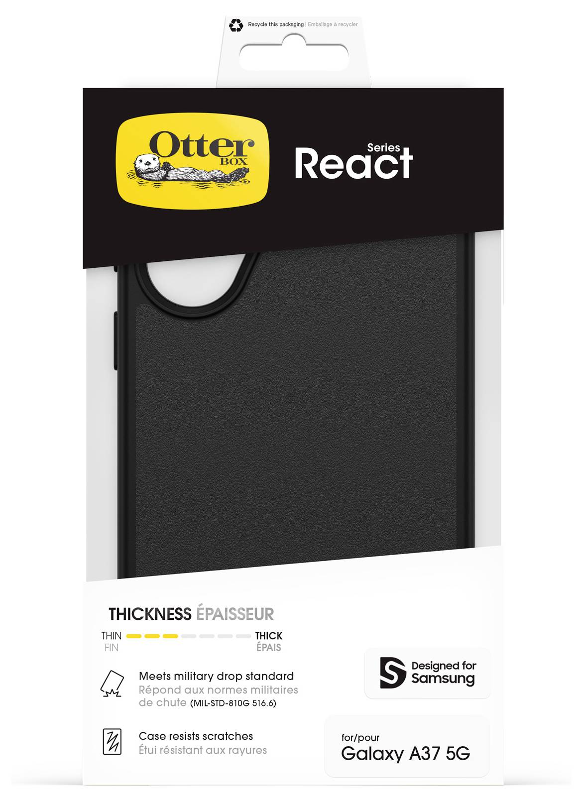 OtterBox React Handyhülle für Samsung Galaxy A37 5G, zeigt ein schwarzes, schlankes Gehäuse und das Branding „Designed for Samsung".
