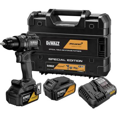 DeWalt und McLaren Sondereditions-Akku-Bohrmaschinen-Set mit Transportkoffer, zwei Akkus und Ladegerät auf weißem Hintergrund.