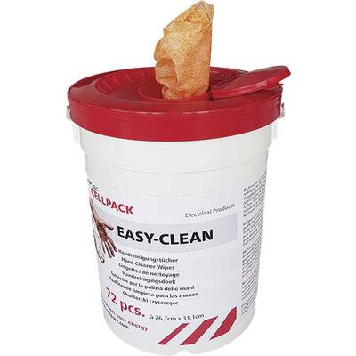 Roter Behälter mit Easy-Clean Handreinigungstüchern mit einer aufziehbaren Tücherspendervorrichtung im Deckel
