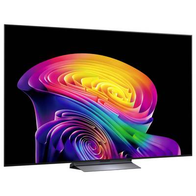 Flachbildfernseher mit lebhaften abstrakten Regenbogenstrudeln auf schwarzem Hintergrund, dargestellt in einem produktgestalteten Bild.