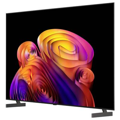 Ein Flachbildfernseher, der auf schwarzem Hintergrund ein farbenfestes abstraktes Wirbelmuster anzeigt.