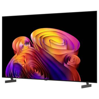 Ein Flachbildfernseher zeigt bunte abstrakte 3D-Wirbel-Grafiken auf schwarzem Bildschirm an.