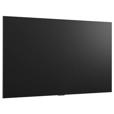 Großer schwarzer Flachbildfernseher oder Monitor auf weißem Hintergrund, leicht nach rechts geneigt.