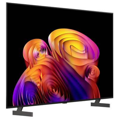 Flat-Screen-Fernseher, auf dem ein lebendiges abstraktes Wirbelmuster in Orange, Pink, Lila und Blau auf schwarzem Hintergrund angezeigt wird.