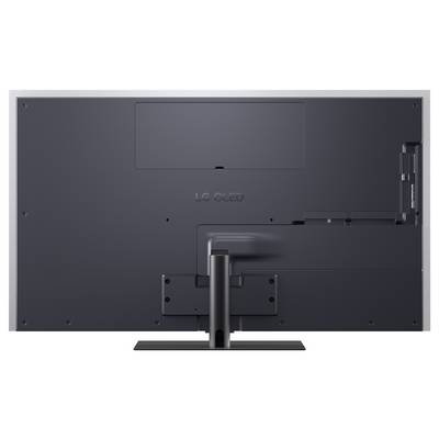Rückansicht eines flachen LG-OLED-Fernsehers auf einem Ständer, der das Rückblech, die Anschlüsse und den Kabelmanagement-Arm zeigt.