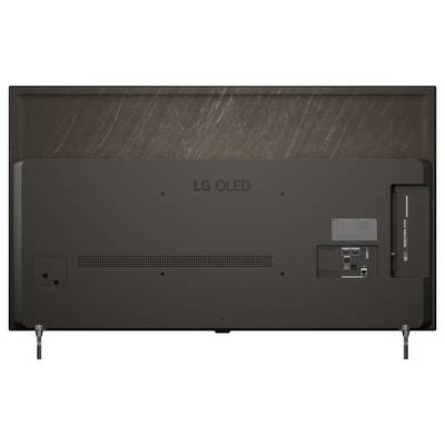 Rückansicht eines LG OLED-Fernsehers auf Ständer, die Anschlüsse der Rückwand, das Lüftungsgitter und das angeschlossene Stromkabel zeigend.