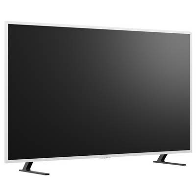 Großer Flach-Bildschirm-Fernseher mit schwarzem, leerem Display auf einem Ständer, vor weißem Hintergrund gezeigt.