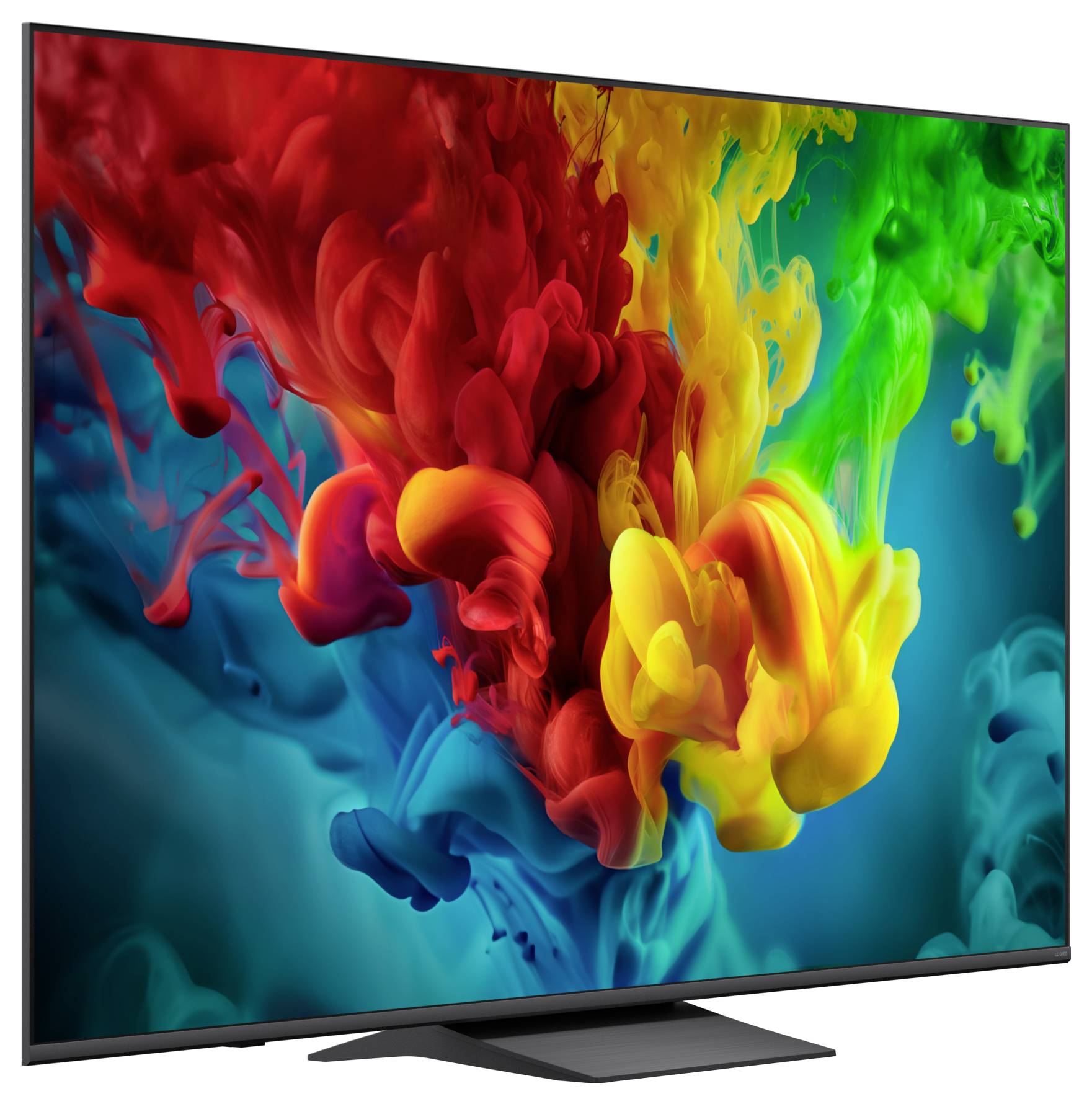 Ein Flachbildfernseher zeigt ein lebendiges abstraktes Wirbelmuster aus rot, gelb, grün und blau gefärbten Farben, die wie Farbe aussehen.