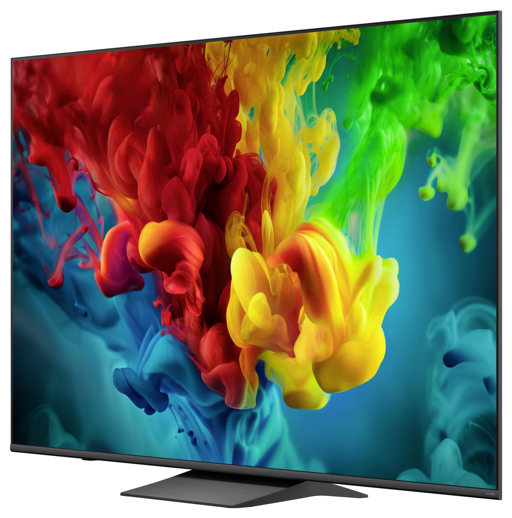 Flachbildfernseher zeigt ein lebendiges abstraktes Bild mit farbigen Farbwolken in Rot, Gelb, Grün und Blau auf dunklem Hintergrund.