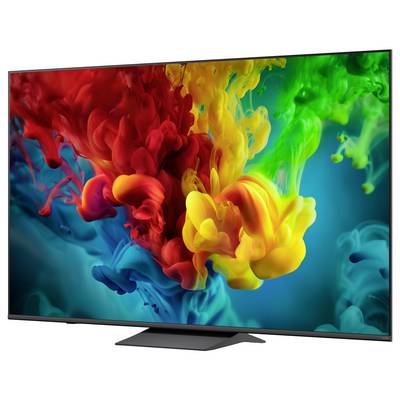 Flachbildfernseher, auf dem ein lebendiger abstrakter Ausbruch von roter, gelber, grüner und blauer Tinte im Wasser angezeigt wird.