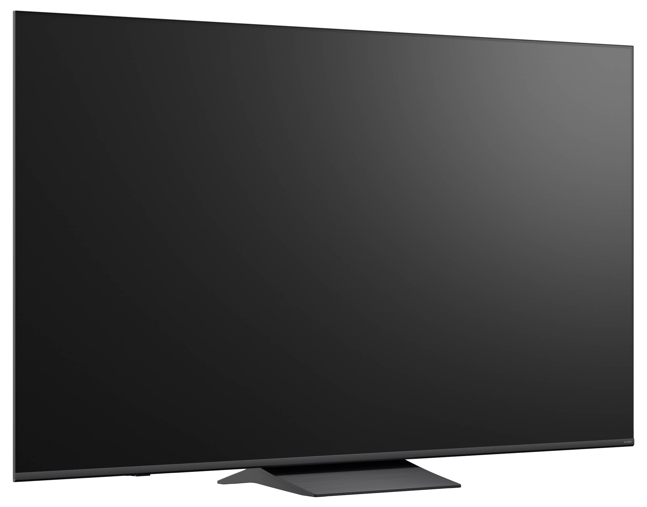 Ein großer Flachbild-Fernseher mit leerem schwarzem Bildschirm auf einem Ständer.
