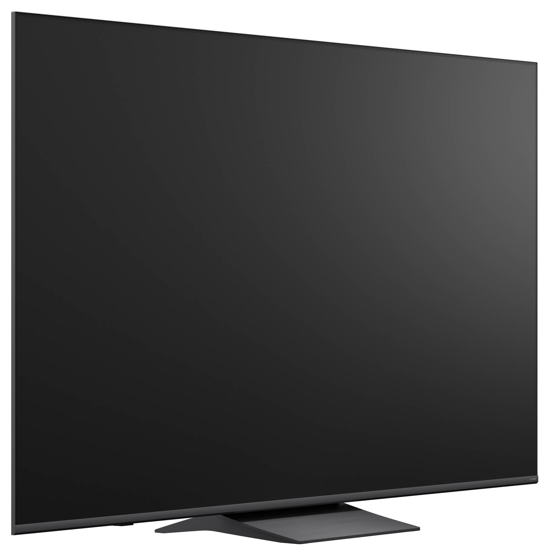 Ein schwarzer flacher Fernseher auf einem Ständer, von vorne in leichtem Winkel fotografiert.