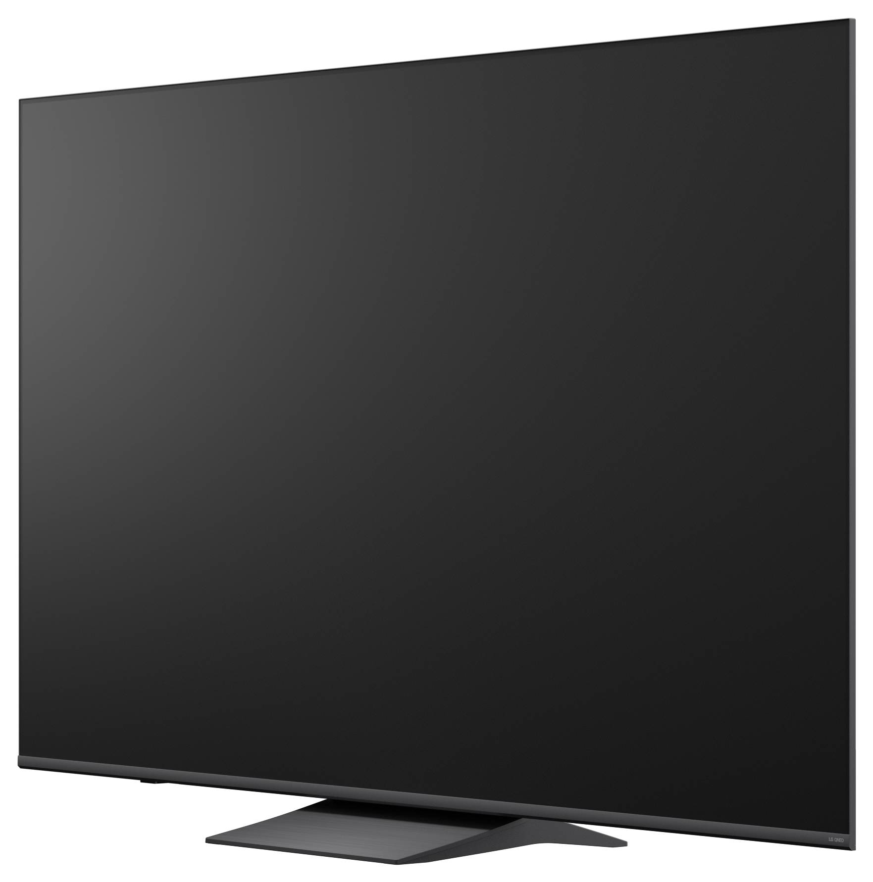 Schwarzer Flachbildfernseher von vorne auf einem Ständer gezeigt, mit ausgeschaltetem Bildschirm.