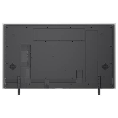 Rückansicht eines Flachbildfernsehers, die die Rückwand, Befestigungslöcher, Lüftungsöffnungen, Kabelabdeckung und zwei Standbeine zeigt, die am unteren Ende angebracht sind.