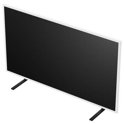 Flachbildfernsehen mit leerem schwarzem Bildschirm auf zwei Standbeinen, in schräger Ansicht auf weißem Hintergrund dargestellt.