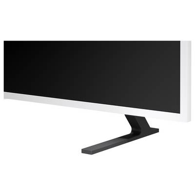 Nahaufnahme eines modernen Flachbildschirms mit schwarzem Display und weißem Rahmen auf einem Standfuß.