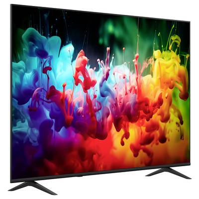 Flachbildfernseher mit lebendigen abstrakten Regenbogen-Tintenspritzer-Bild auf schwarzem Bildschirm, vor weißem Hintergrund dargestellt, mit zwei sichtbaren Standfüßen.