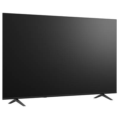 Schwarzer Flachbildfernseher mit zwei gewinkelte Ständerbeine auf weißem Hintergrund.