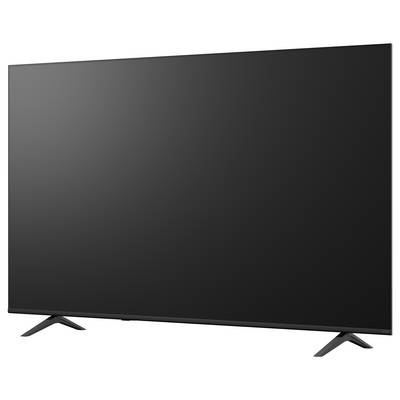 Großer Flachbildfernseher auf zwei schrägen Beinen, präsentiert und leer vor weißem Hintergrund.