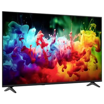 Flacher Fernseher, der einen lebendigen abstrakten Spritzer aus mehrfarbiger Flüssigfarbe auf schwarzem Hintergrund zeigt.