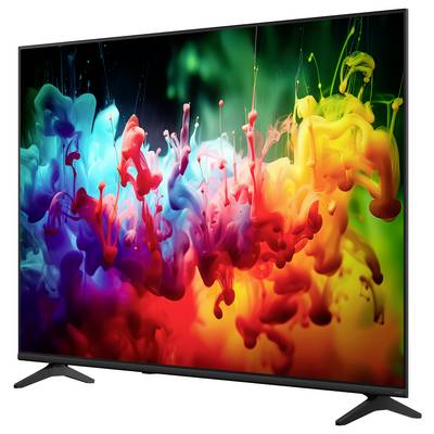 Flachbildfernseher, der ein lebhaft buntes Regenbogen-Tinte-im-Wasser-Abstraktbild auf schwarzem Bildschirm mit Standfuß anzeigt.