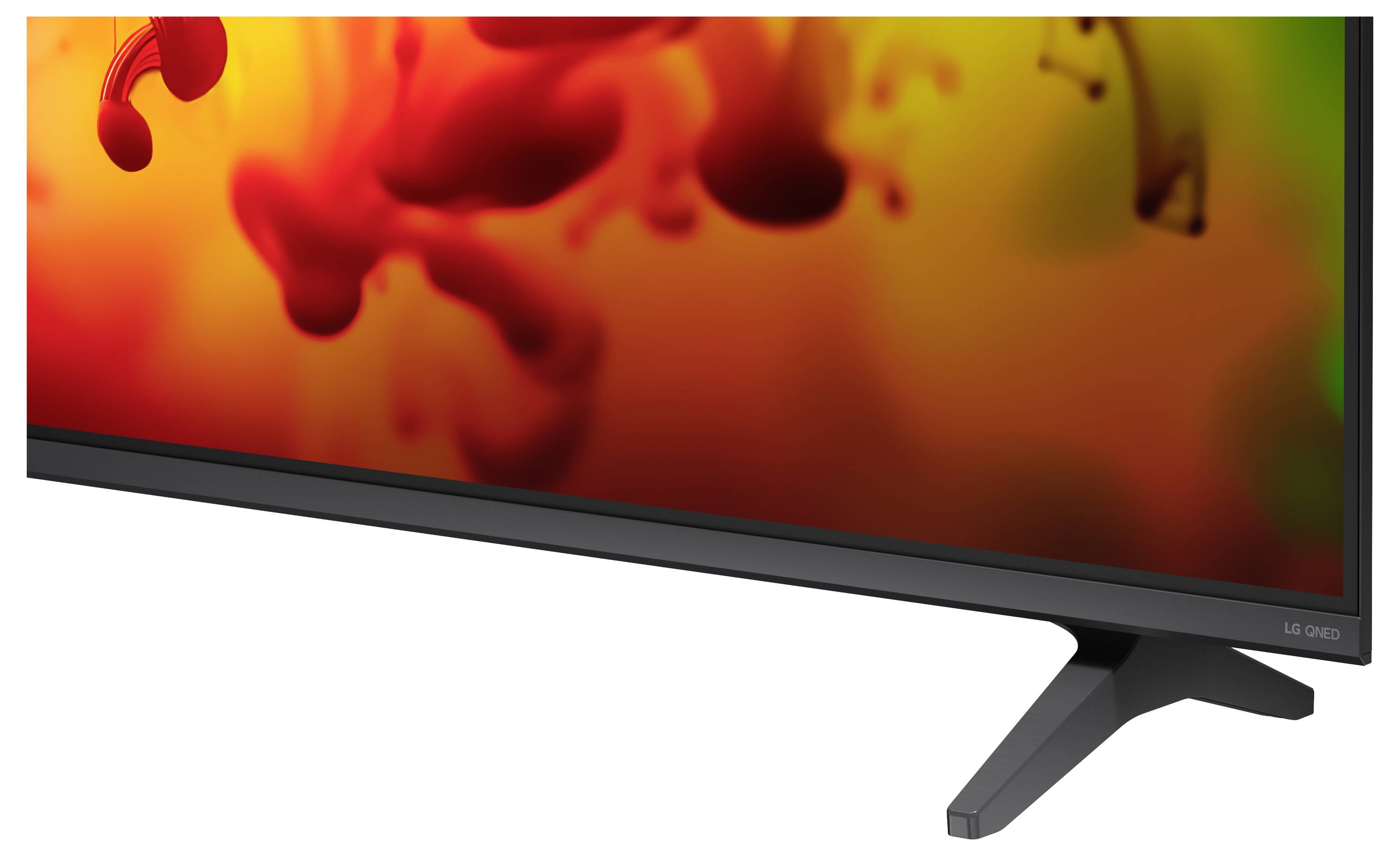 Flacher LG OLED-Fernseher auf Ständer mit farbenfrohem abstraktem rot-orange Bild.