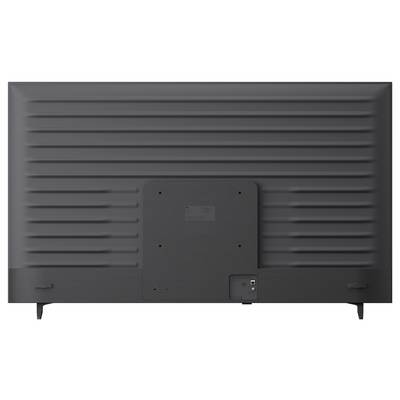 Rückansicht eines Flachbildfernsehers mit belüftetem Panel, Montageklammerbereich und angeschlossenen Anschlüssen unten rechts.