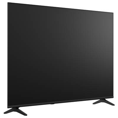 Schwarzes Flachbildfernsehgerät oder Monitor auf zwei geneigten Ständern, gezeigt vor weißem Hintergrund.