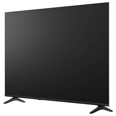 Schwarzer Flachbild-Fernseher mit leerem Bildschirm auf zwei Füßen, in schrägem Winkel vor weißem Hintergrund gezeigt.