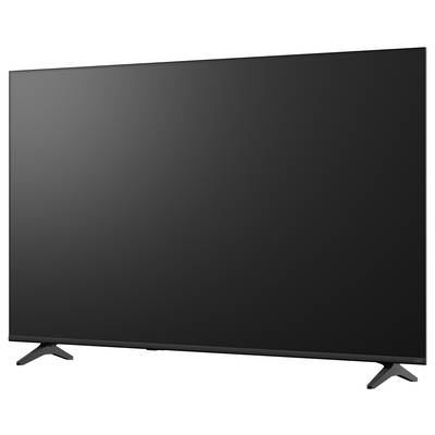 Schwarzer Flachbildfernseher auf zwei angewinkelten Standbeinen, dargestellt vor weißem Hintergrund.