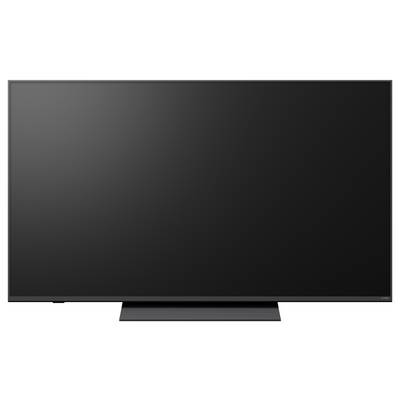 Ein leerer schwarzer Flachbildfernseher auf einem Ständer, von vorne gezeigt.