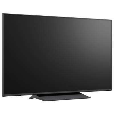 Flachbildfernseher mit leerem schwarzem Bildschirm auf einem Ständer, gezeigt vor weißem Hintergrund.