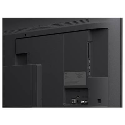 Rückansicht eines Flachbildfernsehers mit vertieftem Rückenpanel, Montagebereich, Anschlüssen und Kabelverbindungen