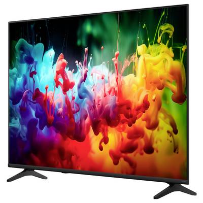 Flachbild-Fernseher zeigt ein lebendiges abstraktes Regenbogen-Tintenspritzer auf dunklem Hintergrund, in einer Dreiviertelsansicht auf weißem Hintergrund dargestellt.