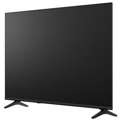 Schwarzer Flachbildfernseher auf zwei Ständerbeinen, vor weißem Hintergrund dargestellt.