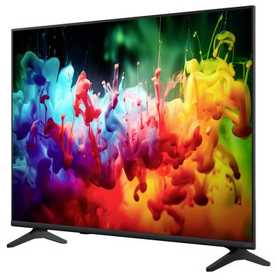 Flachbildfernseher zeigt einen lebendigen abstrakten Farbspritzer aus mehrfarbiger Farbe oder Tinte auf dunklem Hintergrund.