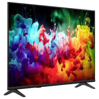 Flachbildfernseher, der auf schwarzem Bildschirm ein lebendiges abstraktes Regenbogen-Tintenspritzer-Bild anzeigt, auf weißem Hintergrund mit sichtbarem Ständer.