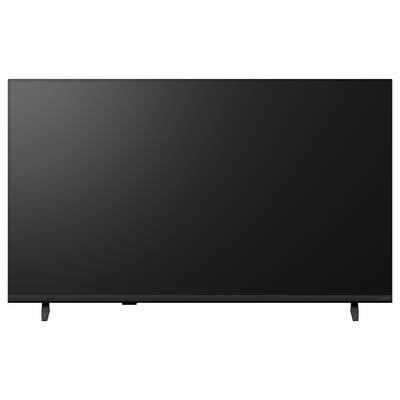 Ein leerer Flachbildfernseher auf einem Ständer, ausgeschaltet mit schwarzem Bildschirm.