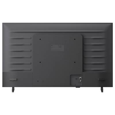 Rückansicht eines Flachbildfernsehers mit belüftetem Rückpanel, Befestigungslöchern, Eingangsbuchsenbereich und zwei Ständerbeinen.