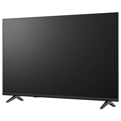 Schwarzer Flachbildfernseher auf einem Ständer, von vorne gezeigt vor weißem Hintergrund.
