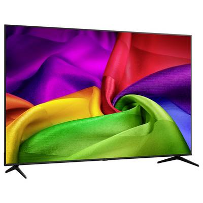 Flachbildfernseher mit leuchtender abstrakter Regenbogenstoff-ähnlicher Grafik, schwarzem Rahmen und Standfüßen auf weißem Hintergrund.