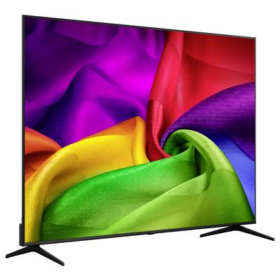 Flachbildfernseher mit buntem abstraktem Regenbogen-Stoff-ähnlichem Wirbel auf dem Bildschirm, mit schwarzem Standfuß vor weißem Hintergrund.