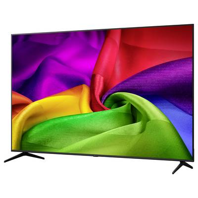 Flachbild-Fernseher, auf dessen Bildschirm ein helles, wirbelndes Regenbogen-Abstraktbild angezeigt wird