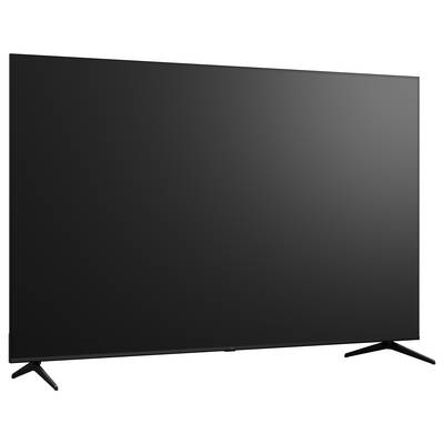 Schwarzer Flachbildfernseher auf zwei geneigten Standbeinen, Frontansicht auf weißem Hintergrund.