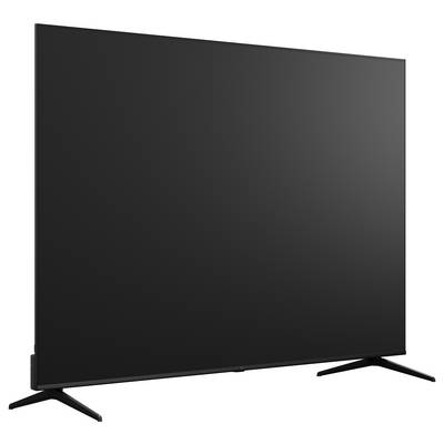 Ein schwarzer flacher Flachbildfernseher auf zwei geneigten Ständern, vor weißem Hintergrund gezeigt.