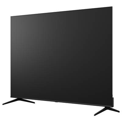 Schwarzer Flachbildfernseher auf zwei schrägen Ständerbeinen, gezeigt auf weißem Hintergrund.