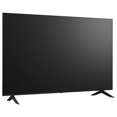 Großer schwarzer Flachbild-Fernseher auf zwei abgewinkelten Beinen, gezeigt vor weißem Hintergrund.